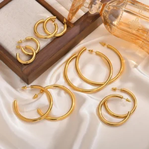 Waterproof Chunky Circle Hoop Earrings For Women, Gold Plated Stainless Steel Loop Earring 25/42/50/63mm