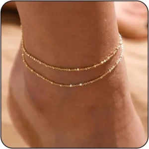 Gold/Silver Ankle Bracelets for Women,14K Gold Anklets for Women Waterproof Beads Anklets Set Layered Anklet Gold Jewelry Gift