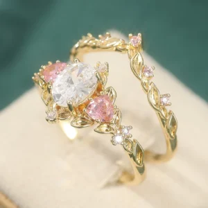 2 Pcs/set Retro Elegant Pink Synthetic Zircon Ring, Ladies' Engagement Proposal Gift, Jewelry