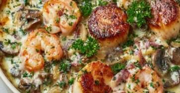 Cassolette de fruits de mer gratinée pour Noël avec Saint-Jacques, crevettes et poisson blanc dans une sauce crémeuse festive