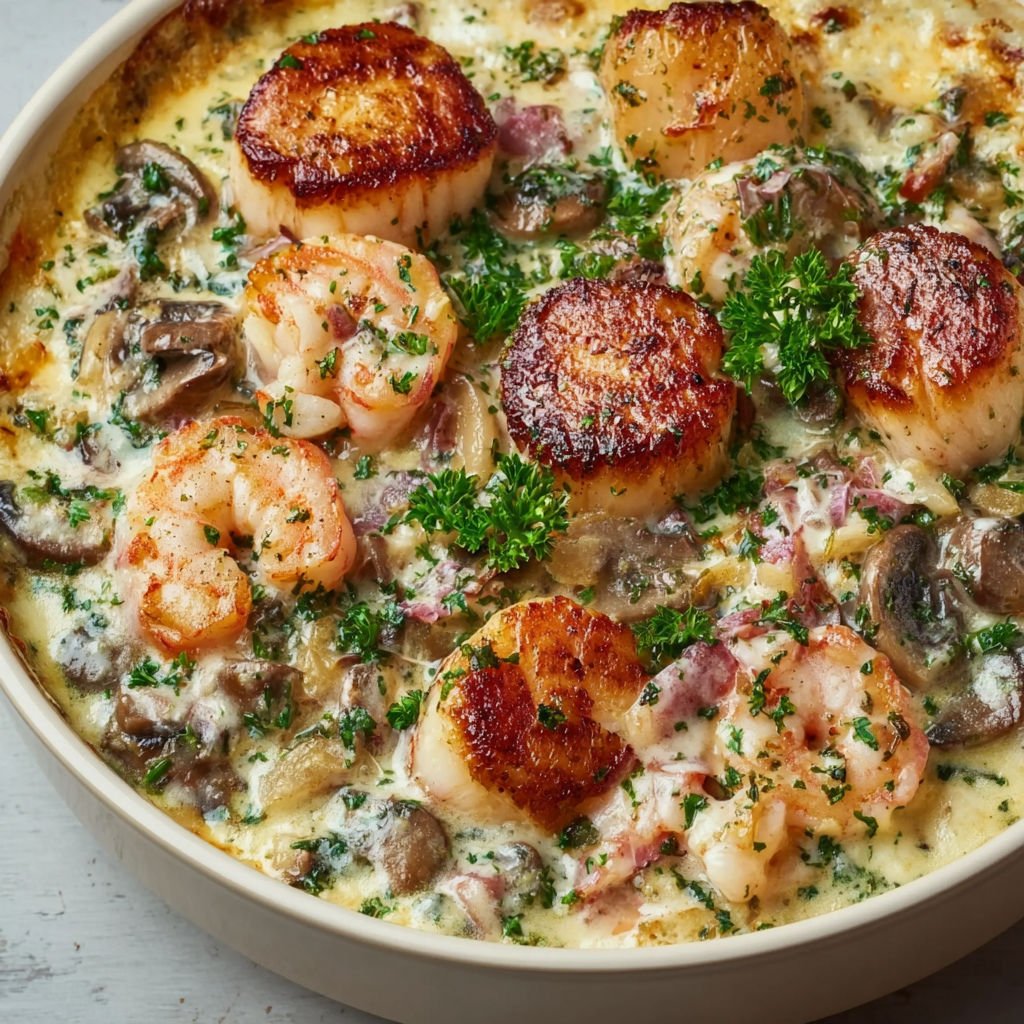 Cassolette de fruits de mer gratinée pour Noël avec Saint-Jacques, crevettes et poisson blanc dans une sauce crémeuse festive