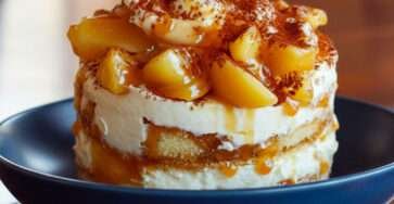 Part de tiramisu au caramel beurre salé avec pommes poêlées et cacao en poudre