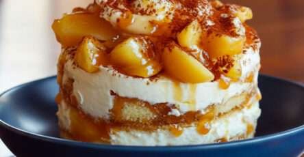 Part de tiramisu au caramel beurre salé avec pommes poêlées et cacao en poudre