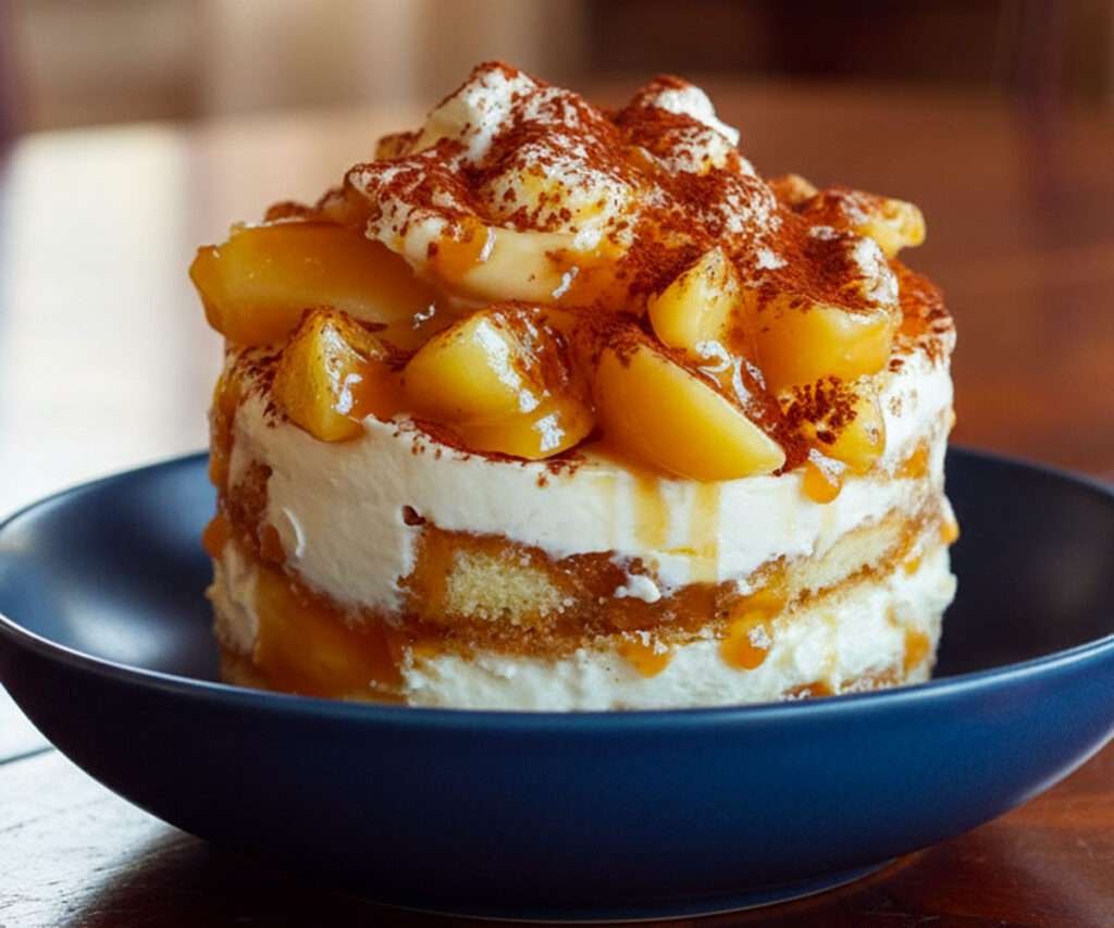 Part de tiramisu au caramel beurre salé avec pommes poêlées et cacao en poudre