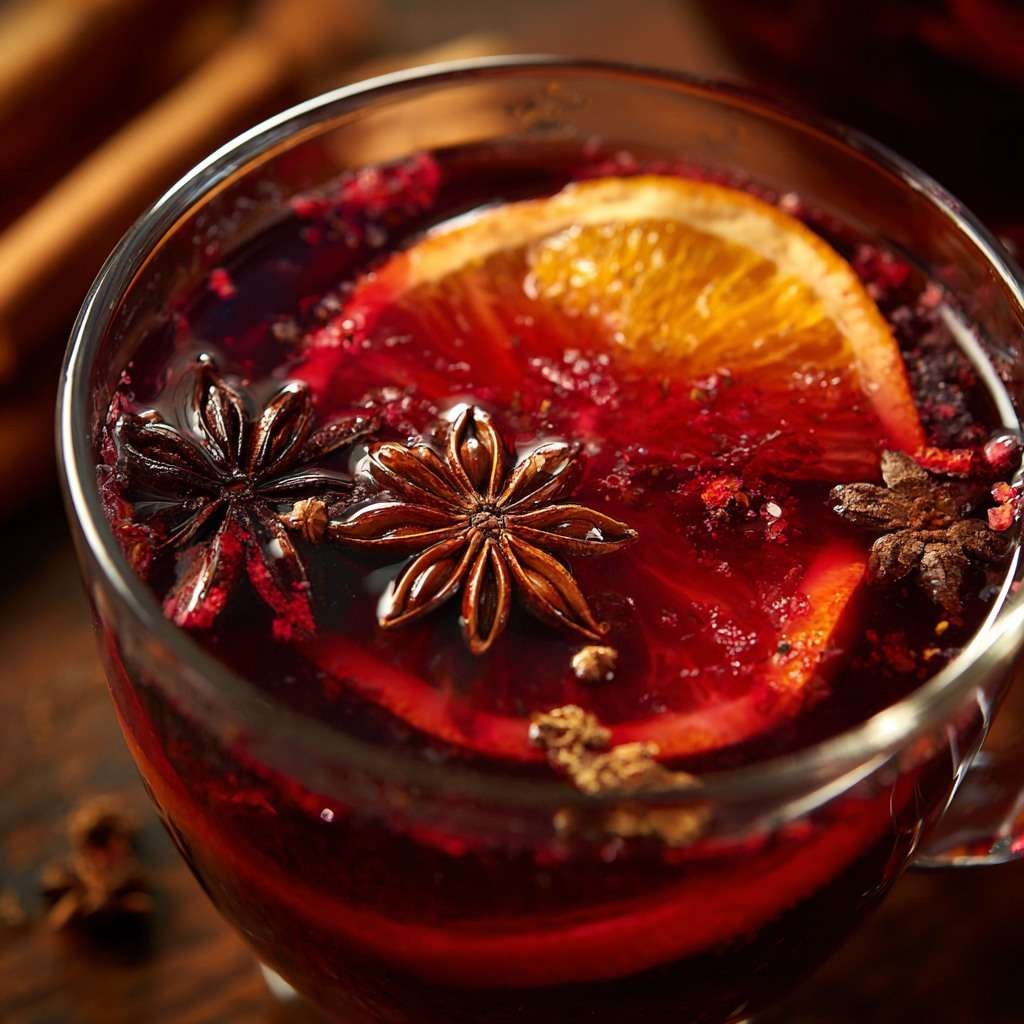 Verres de cocktail de Noël au jus de raisin, rhum et épices avec rondelle d’orange