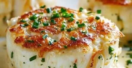 Flans de crabe démoulés, nappés de sauce à la ciboulette dans des assiettes