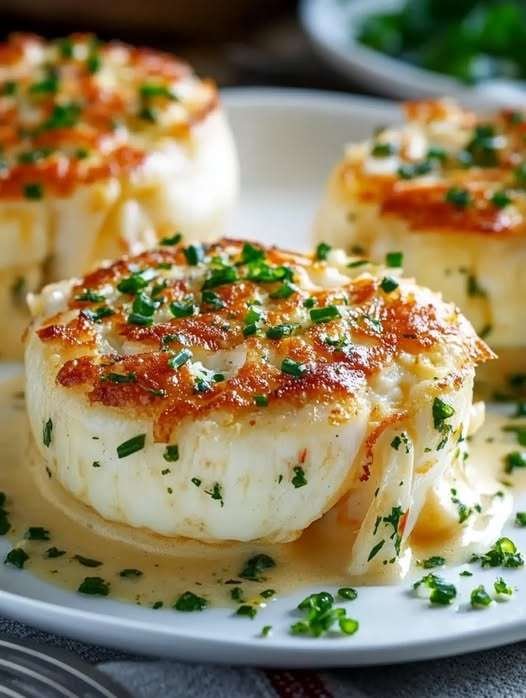 Flans de crabe démoulés, nappés de sauce à la ciboulette dans des assiettes