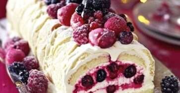 Bûche de Noël roulée au mascarpone et fruits frais, décorée de sucre glace, fruits et feuilles de menthe