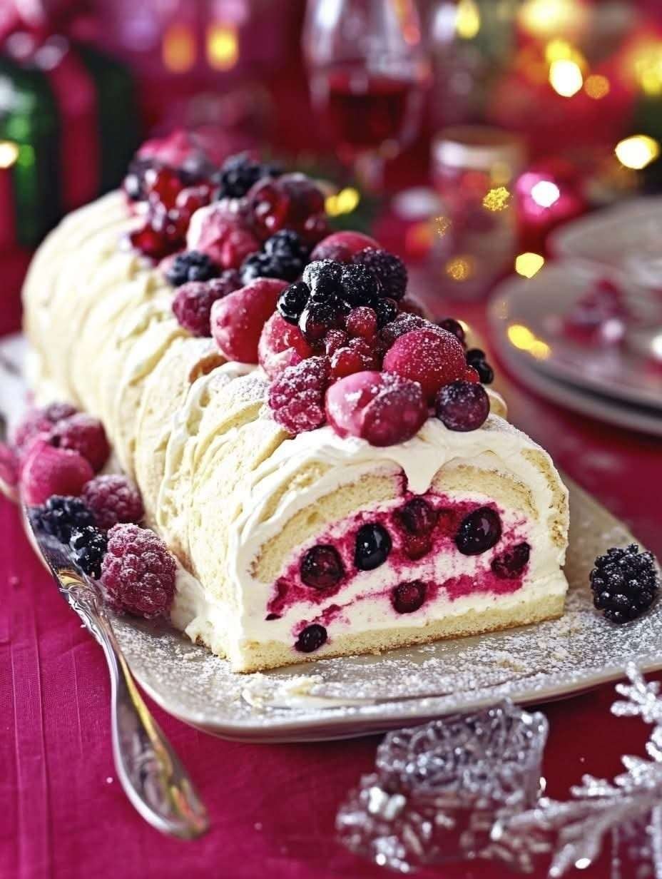 Bûche de Noël roulée au mascarpone et fruits frais, décorée de sucre glace, fruits et feuilles de menthe