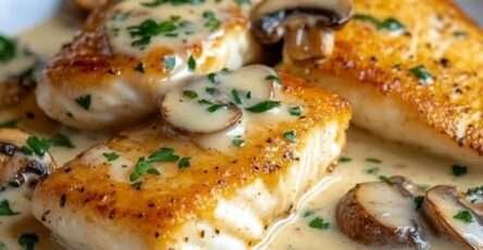 Filets de poisson blanc poêlés nappés de sauce crémeuse aux champignons et persil frais