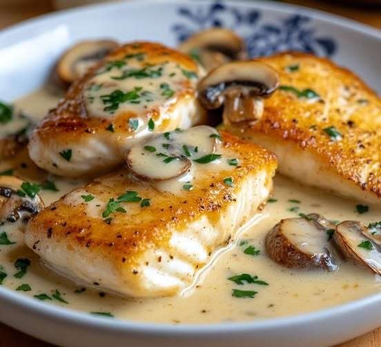 Filets de poisson blanc poêlés nappés de sauce crémeuse aux champignons et persil frais