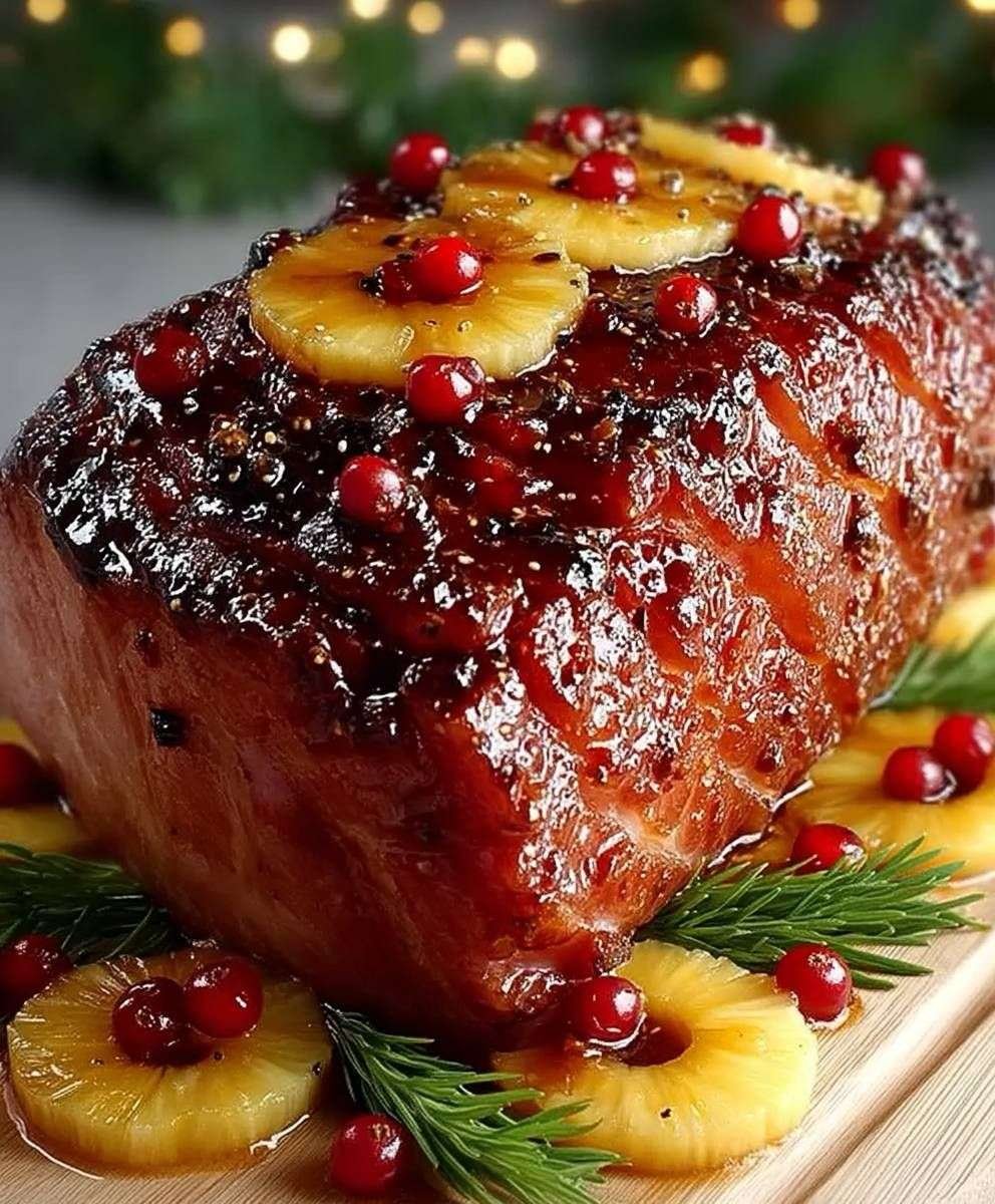 Rôti de jambon glacé au miel avec tranches d’ananas et cranberries caramélisées sur un plat de fête