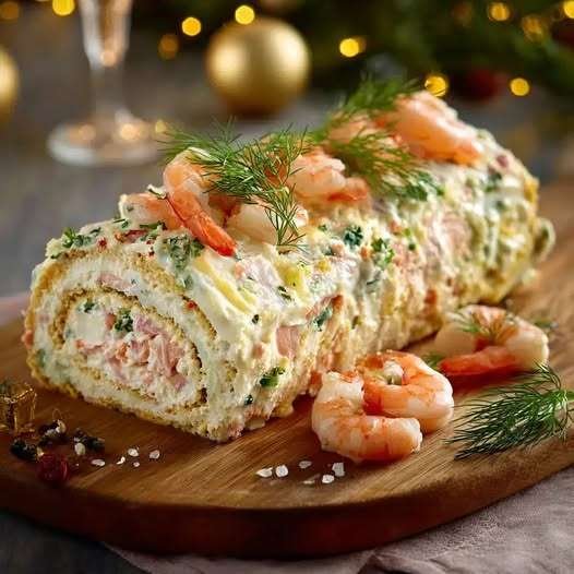 Bûche salée roulée garnie de fromage frais, crevettes et saumon fumé, décorée d’aneth