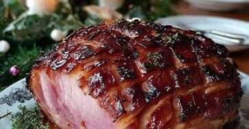 Jambon rôti laqué au miel et aux épices, doré et caramélisé, tranché dans un plat de service festif