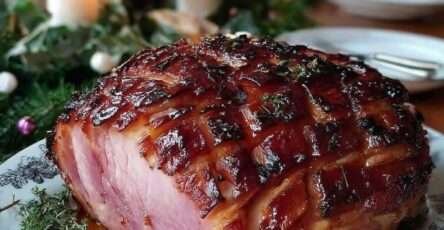 Jambon rôti laqué au miel et aux épices, doré et caramélisé, tranché dans un plat de service festif