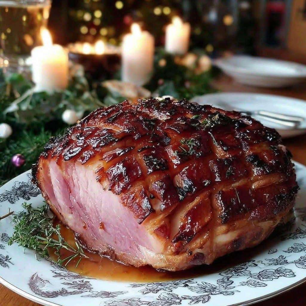 Jambon rôti laqué au miel et aux épices, doré et caramélisé, tranché dans un plat de service festif