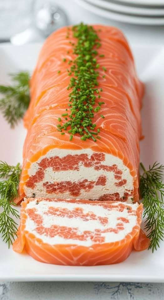 Roulé de saumon fumé farci au fromage frais aux herbes, tranché en rondelles sur un plat de fête