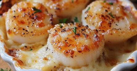 Coquilles Saint-Jacques gratinées à la crème et au fromage, dorées au four et servies dans des coquilles individuelles