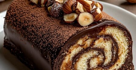Bûche de Noël au chocolat noir, roulée et nappée de ganache, décorée d’éclats de noisette croustillants