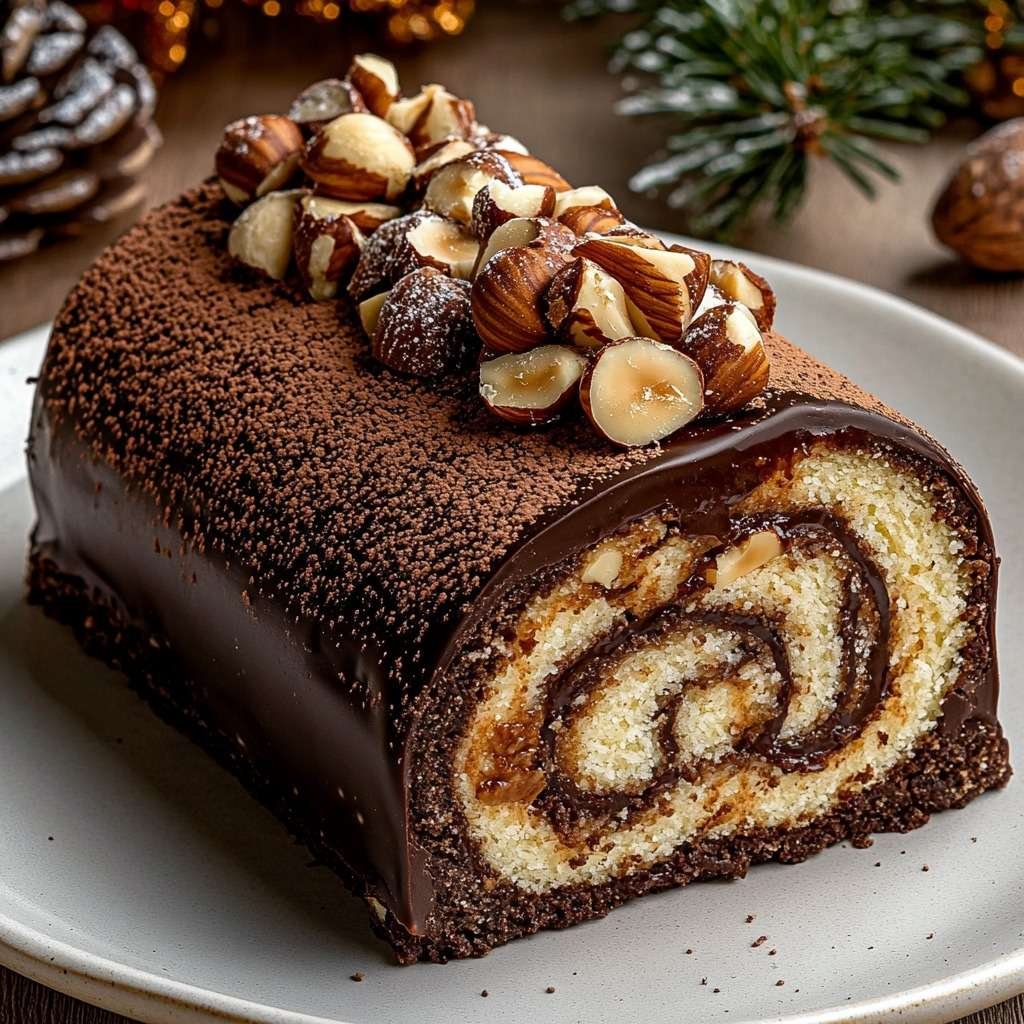Bûche de Noël au chocolat noir, roulée et nappée de ganache, décorée d’éclats de noisette croustillants