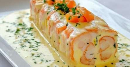 Tranches de terrine de Saint-Jacques, saumon et crevettes servies froides avec sauce crème citronnée et salade verte