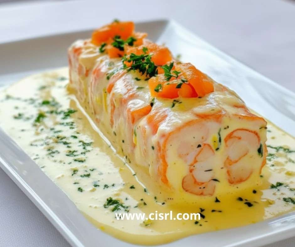 Tranches de terrine de Saint-Jacques, saumon et crevettes servies froides avec sauce crème citronnée et salade verte