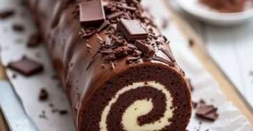 Roulé de gâteau au chocolat garni de crème fouettée à la vanille et recouvert de ganache brillante