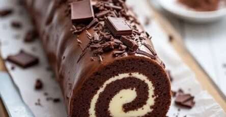 Roulé de gâteau au chocolat garni de crème fouettée à la vanille et recouvert de ganache brillante