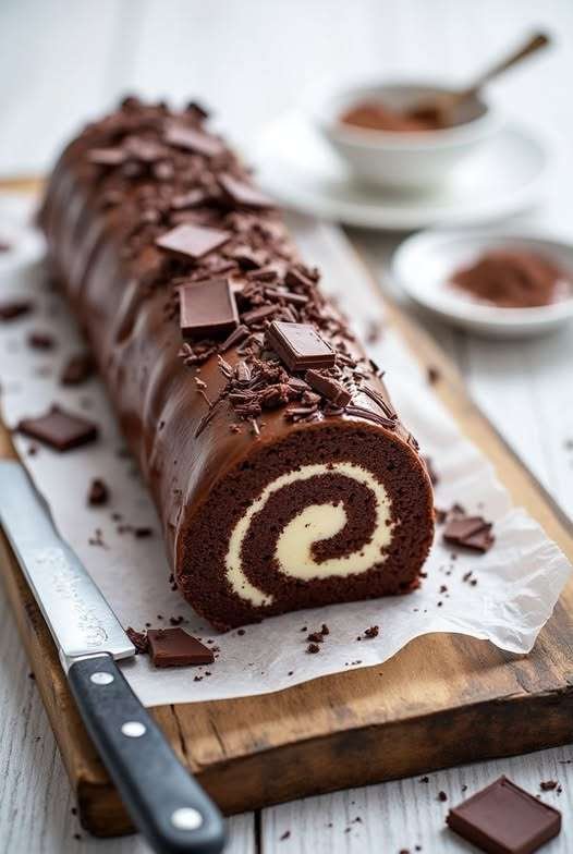 Roulé de gâteau au chocolat garni de crème fouettée à la vanille et recouvert de ganache brillante
