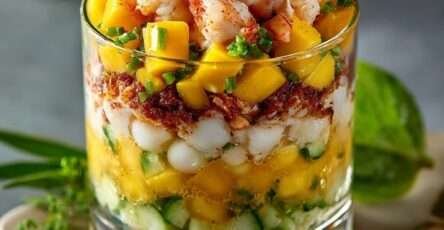 Verrines de crevettes avec mangue, concombre, haricots blancs et yaourt, décorées d’herbes fraîches