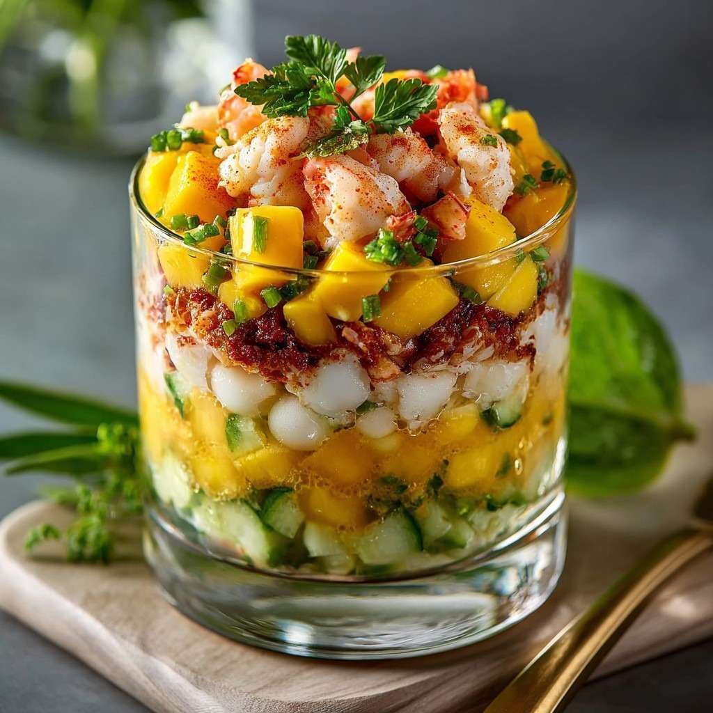 Verrines de crevettes avec mangue, concombre, haricots blancs et yaourt, décorées d’herbes fraîches