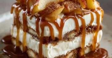 Verrine de tiramisu au caramel beurre salé et pommes poêlées, décorée de miettes de spéculoos