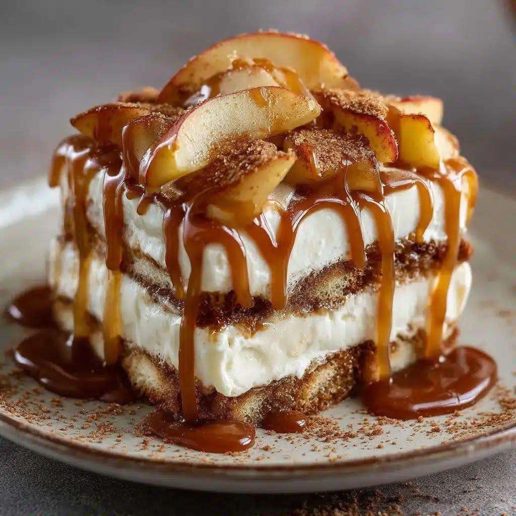 Verrine de tiramisu au caramel beurre salé et pommes poêlées, décorée de miettes de spéculoos
