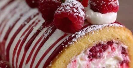 Bûche roulée framboise et mascarpone, génoise roulée garnie de crème blanche et de framboises fraîches, saupoudrée de sucre glace