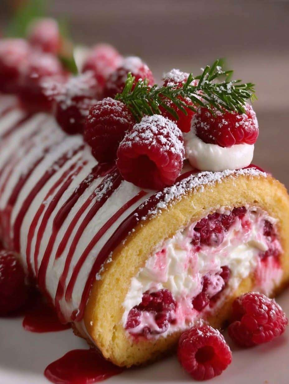 Bûche roulée framboise et mascarpone, génoise roulée garnie de crème blanche et de framboises fraîches, saupoudrée de sucre glace