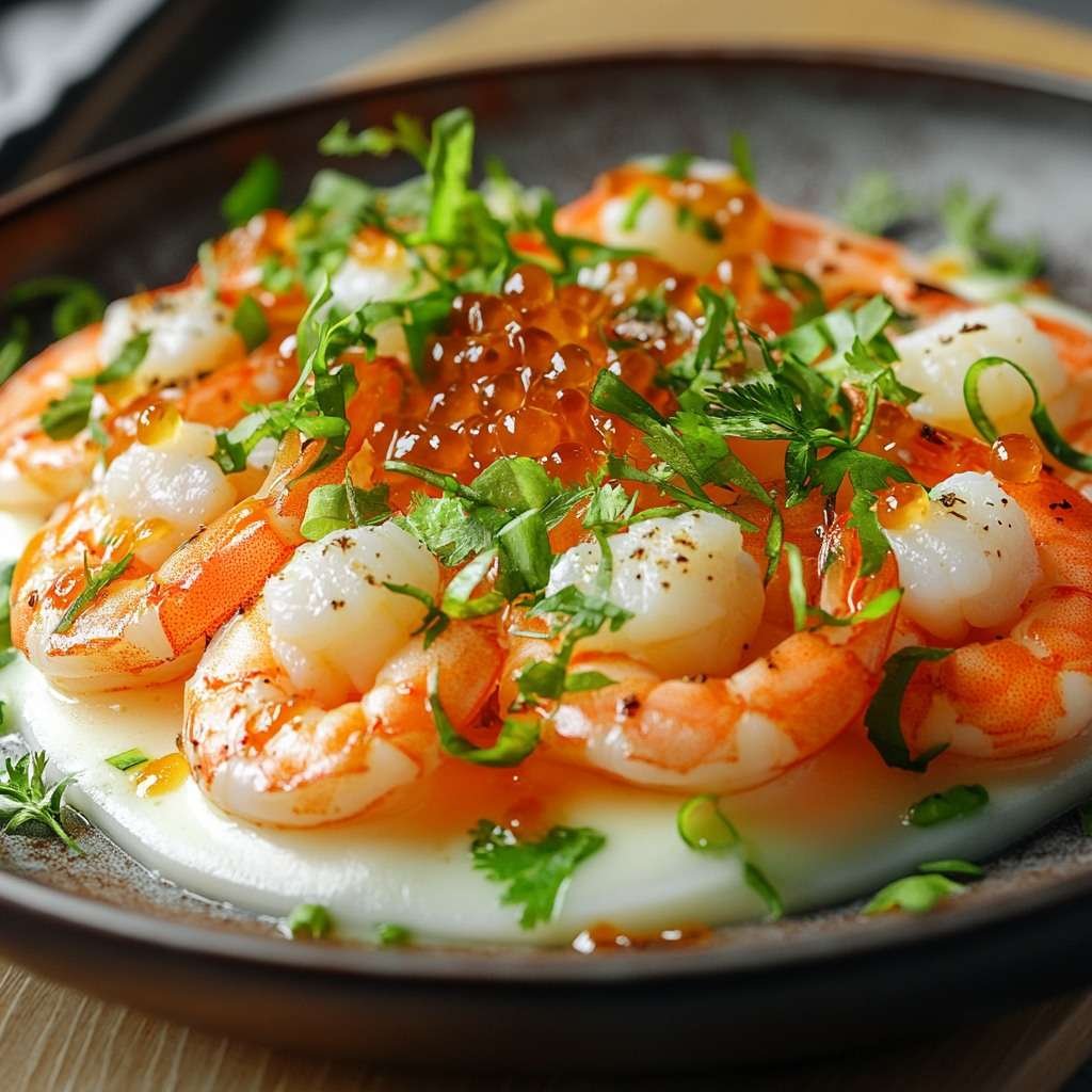 Assiette de crevettes et noix de Saint-Jacques au beurre, garnie d’œufs de saumon et d’herbes fraîches