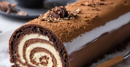 Bûche Façon Tiramisu roulée, saupoudrée de cacao, garnie de crème mascarpone au café sur un plat de fête
