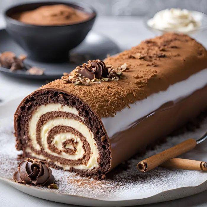 Bûche Façon Tiramisu roulée, saupoudrée de cacao, garnie de crème mascarpone au café sur un plat de fête
