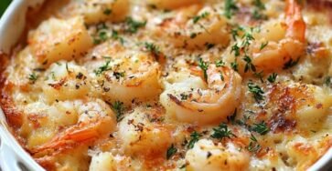 Gratin de crevettes crémeux au four, doré au fromage avec persil frais dans un plat familial