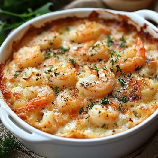 Gratin de crevettes crémeux au four, doré au fromage avec persil frais dans un plat familial