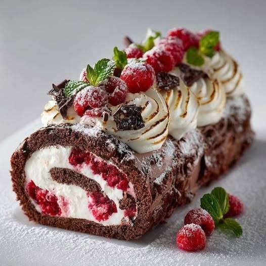 Bûche glacée framboises chocolat recouverte de meringue dorée et décorée de framboises fraîches et copeaux de chocolat