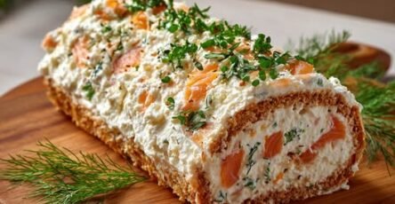 Bûche salée au saumon fumé et fromage frais, dressée sur un plat de fête et décorée d’herbes fraîches