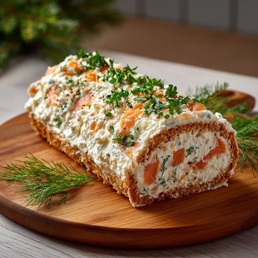 Bûche salée au saumon fumé et fromage frais, dressée sur un plat de fête et décorée d’herbes fraîches