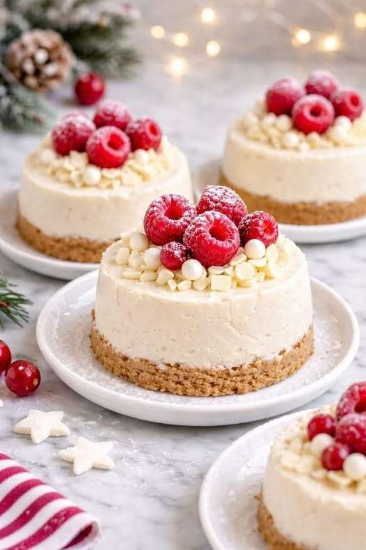 Petits gâteaux individuels crémeux à la vanille et au mascarpone sur base de biscuits, décorés de framboises et copeaux de chocolat blanc