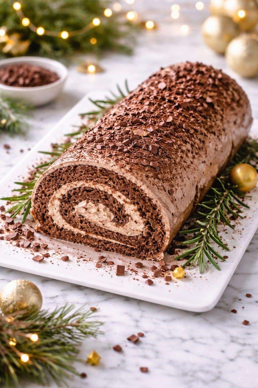 Bûche de Noël au chocolat et mascarpone roulée, décorée de cacao et copeaux de chocolat sur un plat festif