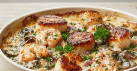 Cassolette de la mer de Noël crémeuse et gratinée