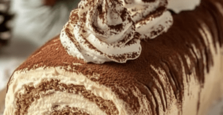 Bûche roulée façon tiramisu au café, garnie de crème mascarpone et saupoudrée de cacao
