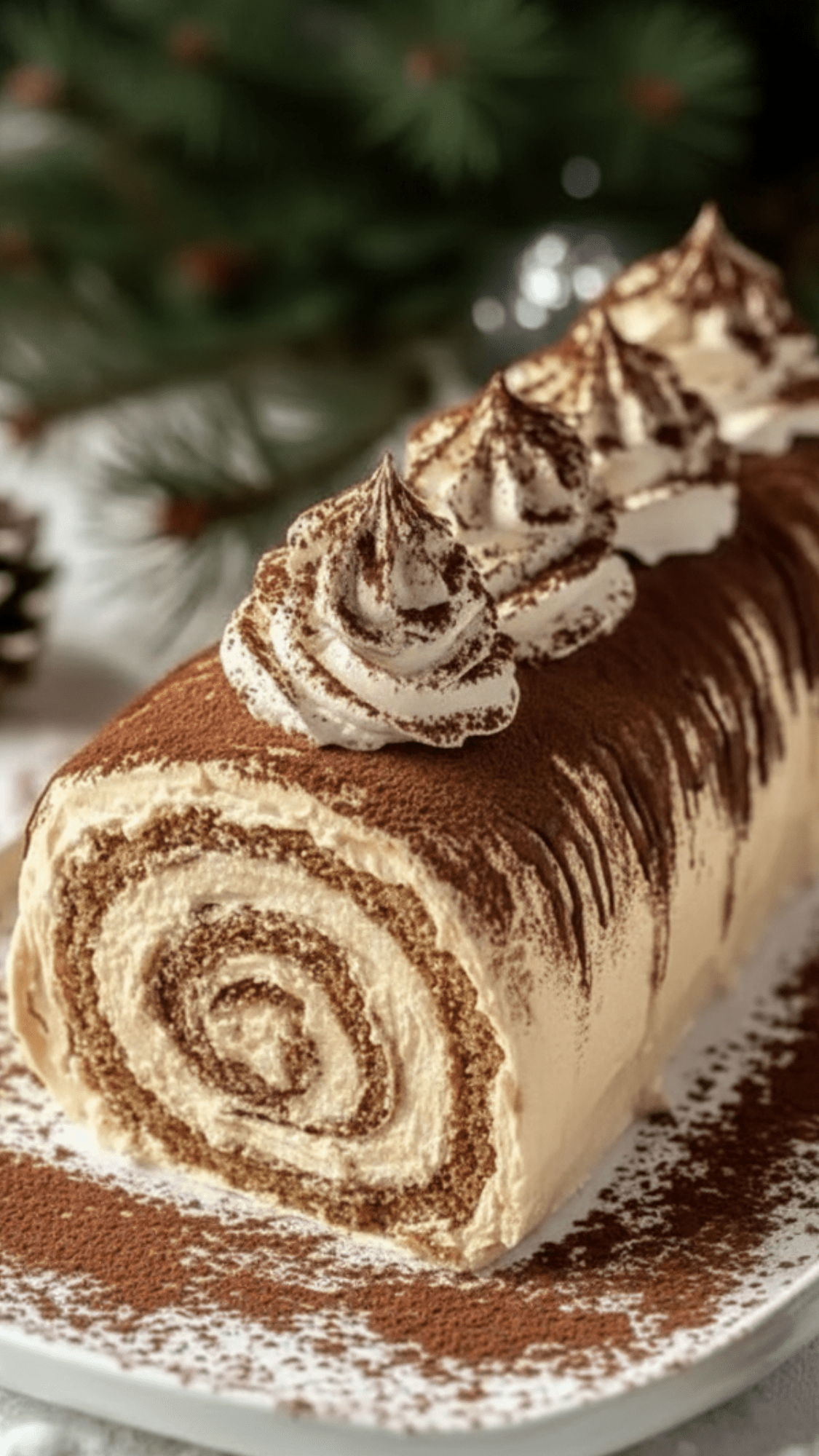 Bûche roulée façon tiramisu au café, garnie de crème mascarpone et saupoudrée de cacao