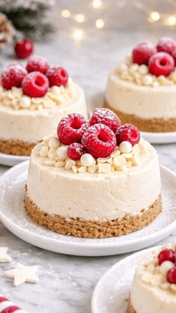 Petits gâteaux individuels crémeux à la vanille et au mascarpone sur base de biscuits, décorés de framboises et copeaux de chocolat blanc