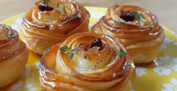 Mini fleurs de brie en feuilleté dorées au miel et garnies de canneberges et thym dans un moule à muffins
